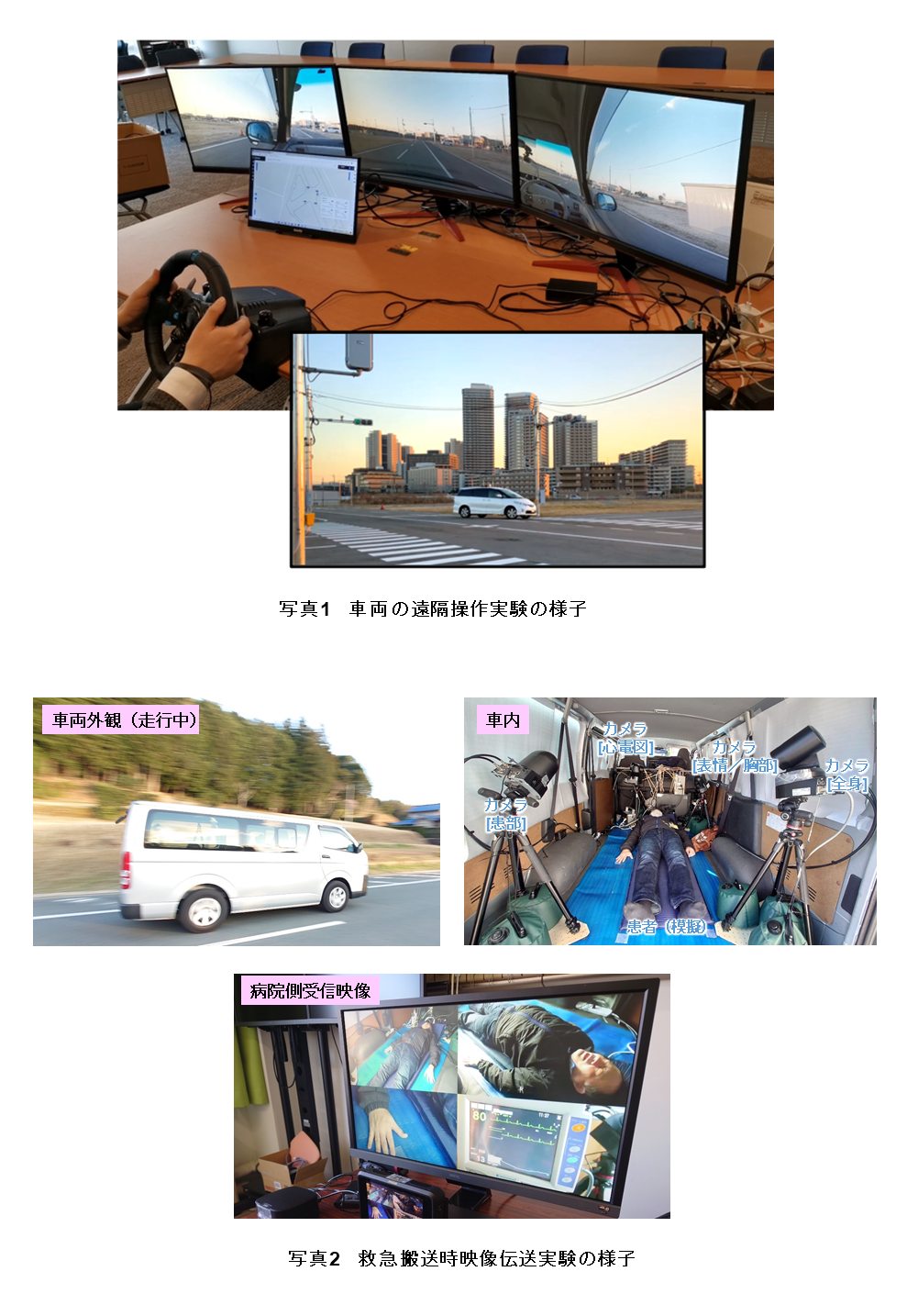 写真1　車両の遠隔操作実験の様子　写真2　救急搬送時映像伝送実験の様子