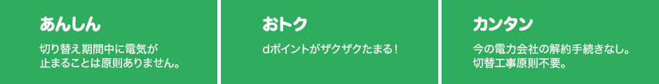 あんしん:切り替え期間中に電気が止まることは原則ありません。おトク:dポイントがザクザクたまる!カンタン:今の電力会社の解約手続きなし。切替工事原則不要。