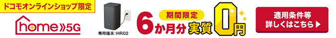 ドコモオンラインショップ限定home 5G期間限定6か月分実質0円 専用端末：HR02 適用条件等詳しくはこちら
