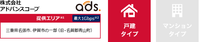 株式会社アドバンスコープ【提供エリア】三重県名張市、伊賀市の一部(旧・名賀郡青山町) 最大1Gbps 【戸建タイプ】