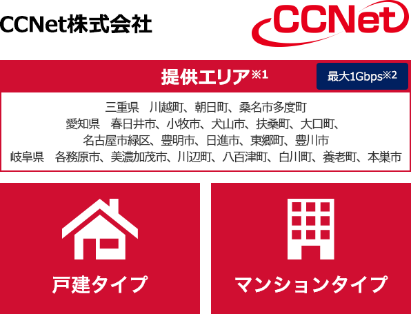 CCNet株式会社【提供エリア】三重県 川越町、朝日町、桑名市多度町 愛知県 春日井市、小牧市、犬山市、扶桑町、大口町、名古屋市緑区、豊明市、日進市、東郷町、豊川市 岐阜県 各務原市、美濃加茂市、川辺町、八百津町、白川町、養老町、本巣市 最大1Gbps　【戸建タイプ】【マンションタイプ】
