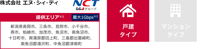 株式会社 エヌ・シィ・ティ【提供エリア】新潟県長岡市、三条市、見附市、小千谷市、燕市、柏崎市、加茂市、魚沼市、南魚沼市、十日町市、南蒲原郡田上町、三島郡出雲崎町、南魚沼郡湯沢町 中魚沼郡津南町 最大1Gbps 【戸建タイプ】