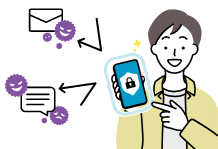 男性がセキュリティ対策などを実施した携帯電話を持ち、フィッシング詐欺メールやSMSが届かない様子。