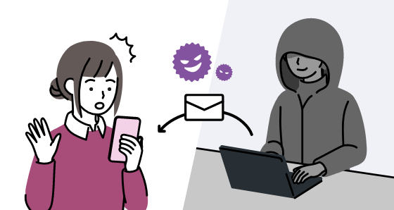 女性がフィッシング詐欺メールを受信し驚く様子。