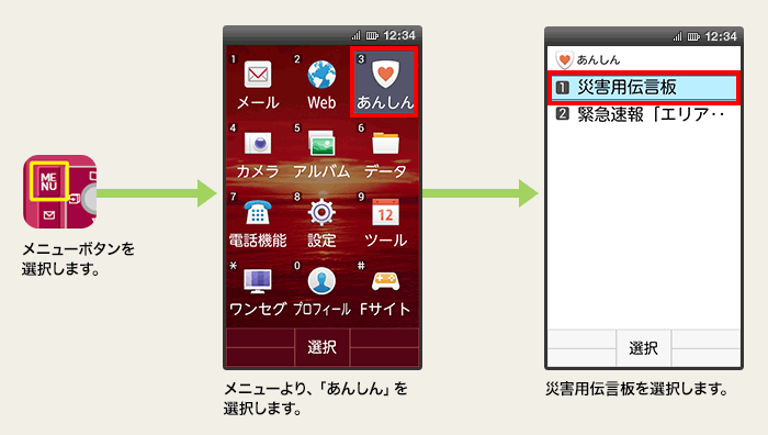 [1]メニューボタンを選択します。[2]メニューより、「あんしん」を選択します。[3]災害用伝言板を選択します。