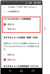 画面イメージ：「パソコンなどのメール受信設定」画面