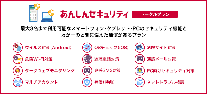 あんしんセキュリティ トータルプラン 最大3名まで利用可能なスマートフォン・タブレット・PCのセキュリティ機能と万が一のときに備えた補償があるプラン ウイルス対策（Android） OSチェック（iOS） 危険サイト対策 危険Wi-Fi対策 迷惑電話対策 迷惑メール対策 ダークウェブモニタリング 迷惑SMS対策 PC向けセキュリティ対策 マルチアカウント 補償（特典） ネットトラブル相談