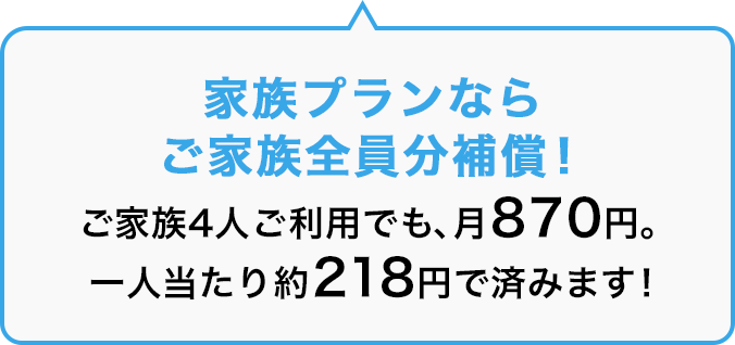 家族プランならご家族全員分補償！ご家族4人ご利用でも、月870円。一人当たり218円で済みます！