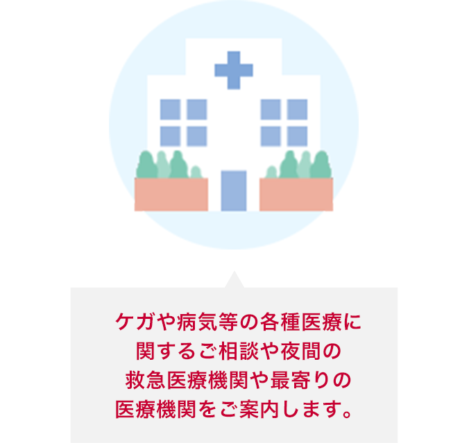 ケガや病気等の各種医療に関するご相談や夜間の救急医療機関や最寄りの医療機関をご案内します。