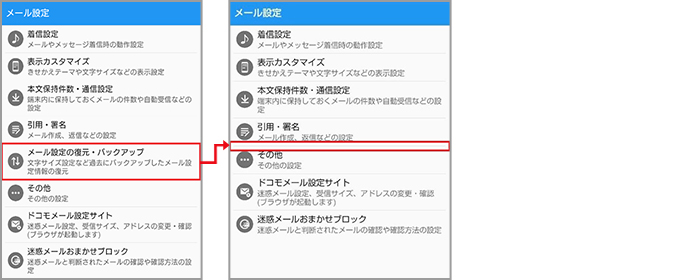 メール設定から「メール設定の復元・バックアップ機能」の項目がなくなるイメージ画像