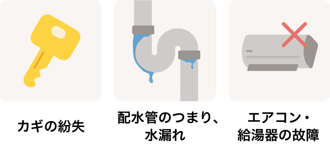 カギの紛失・排水管のつまり、水漏れ・エアコン・給湯器の故障のイメージ画像