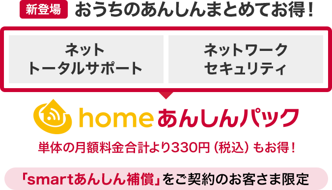 【新登場】おうちのあんしんまとめてお得！「ネットトータルサポート」「ネットワークセキュリティ」をまとめた「homeあんしんパック」（「smartあんしん補償」をご契約のお客さま限定）は単体の月額料金合計より330円（税込）もお得！