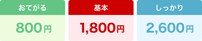 おてがる800円、基本1,800円、しっかり2,600円