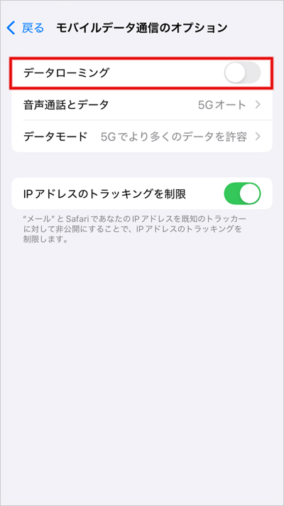 画像イメージ：「モバイルデータ通信のオプション」画面