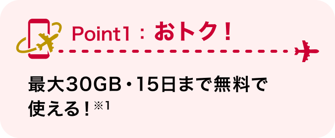 Point1：おトク！ 最大30GB・15日まで無料で使える！※1